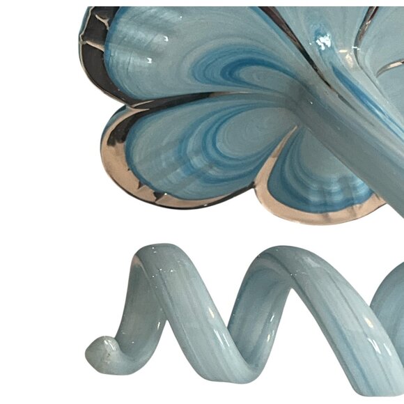 Hand-Blown Art Glass Flower Sculpture – Blue & White Swirl – Curling Stem 7" - Picture 6 of 7